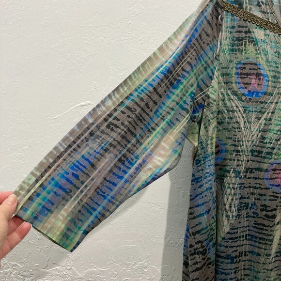 Live and Let Live Women Tunic Top Crochet Split Back 3/4 Sleeve Peacock Green 1X - Picture 8 of 11